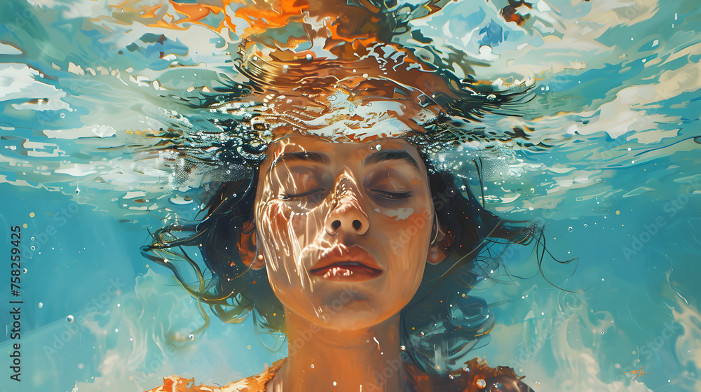 A serene image capturing a woman's face partially submerged in water with her eyes gently closed