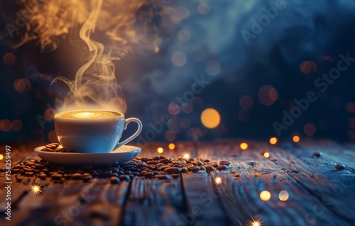 A steaming cup of coffee with scattered beans on a rustic wooden surface, showcasing a warm and cozy atmosphere