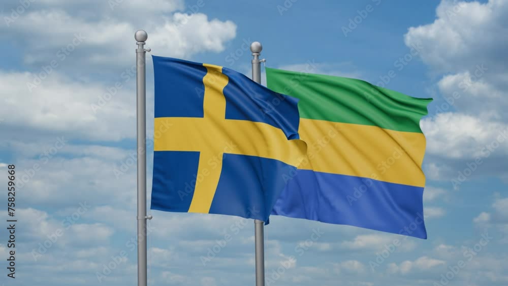 Gabon and Sweden two flags waving together, looped video, two country relations concept Gabon and Sweden two flags waving together, looped video, two country relations concept
