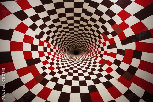 Red and white checkerboard design with a central black void