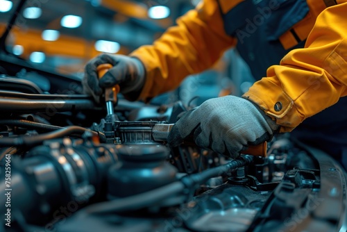 Auto mechanic working on car broken engine in mechanics service or garage. Transport maintenance wrench detial © Azar