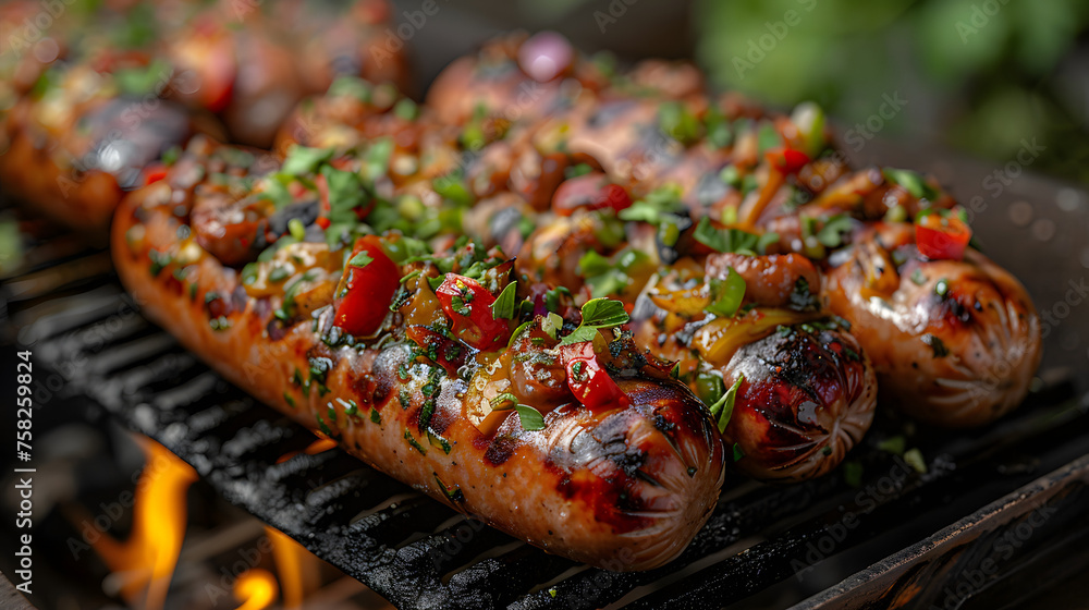 Glazed sizzling sausages with a mix of fresh herbs on a hot grill, with visible flames in the background Glazed sizzling sausages with a mix of fresh herbs on a hot grill, with visible flames in the background