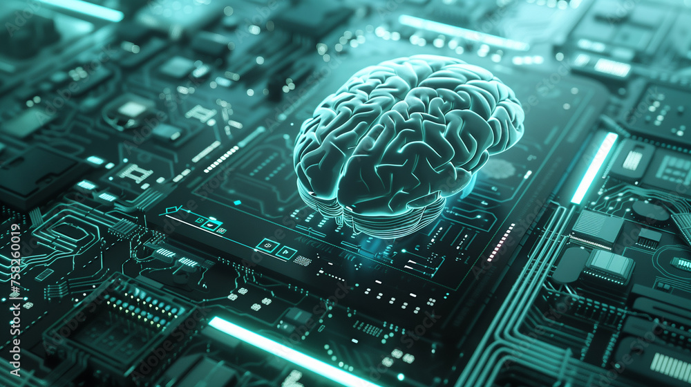 Artificial Intelligence: A computer circuit board is shown with a human brain superimposed on it, symbolizing the fusion of technology and organic intelligence. - obrazy, fototapety, plakaty 