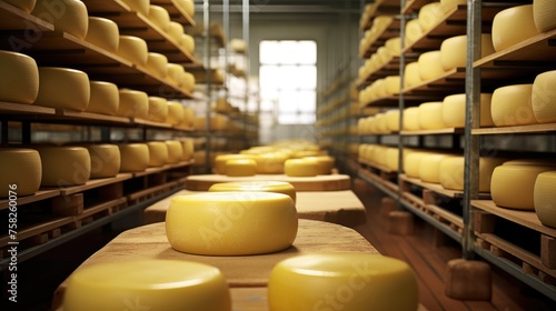 Cheese production, conveyor ,cheese factory. The round cheese is on the shelf. Natural products. photo