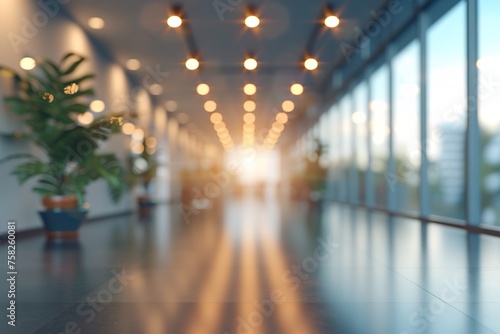 Beautiful blurred background of a light modern office interior with panoramic windows and beautiful lighting.