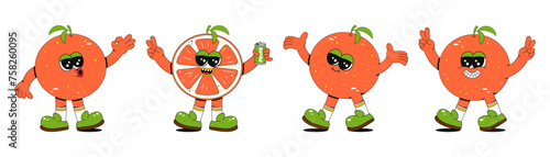 Funny fruity grapefruit character. Comic elements in a trendy retro groovy style. Vector illustration for stickers, posters, prints.