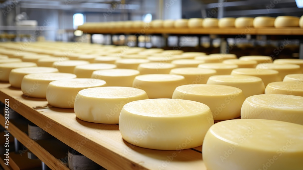 Fototapeta premium Cheese production, conveyor ,cheese factory. The round cheese is on the shelf. Natural products.