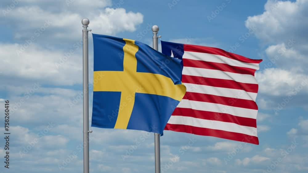 Liberia and Sweden two flags waving together, looped video, two country cooperation concept Liberia and Sweden two flags waving together, looped video, two country cooperation concept