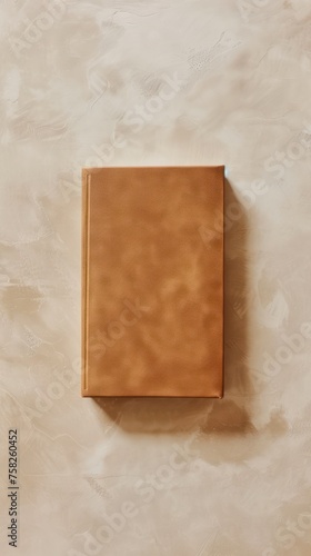 Top view of brown leather book on beige background with copy space