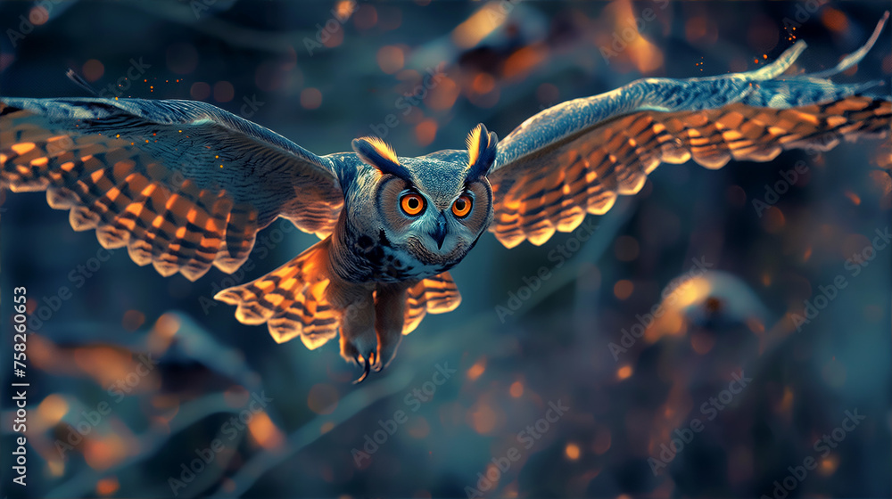 Grafika przedstawiająca sowę lecącą z rozpostartymi skrzydłami wykonane wieczorną porą - obrazy, fototapety, plakaty 