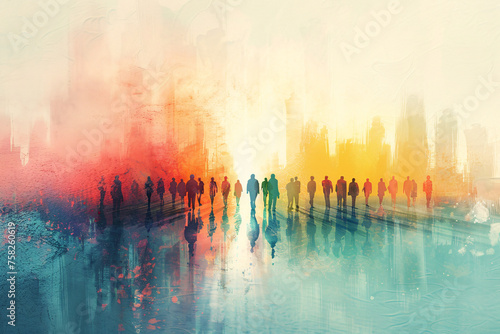 Abstract colorful backdrop with silhouetted figures walking