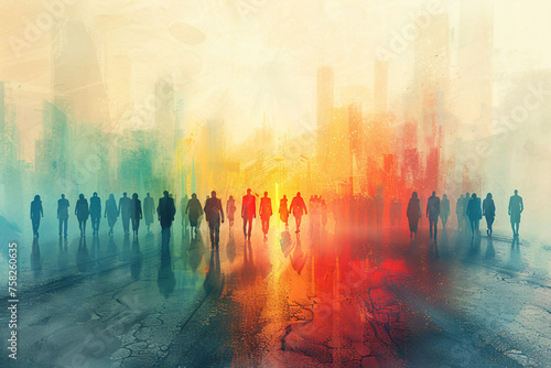 Silhouettes of people walking in a colorful abstract cityscape