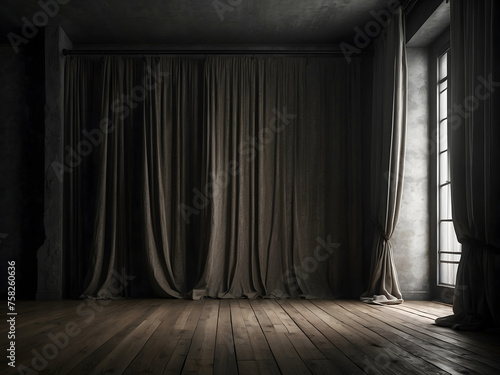 Old dark empty room with an empty wall mock-up and twisted curtains design.