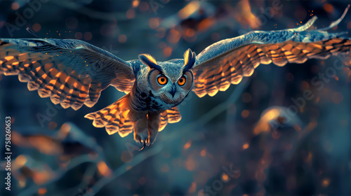 Grafika przedstawiająca sowę lecącą z rozpostartymi skrzydłami wykonane wieczorną porą