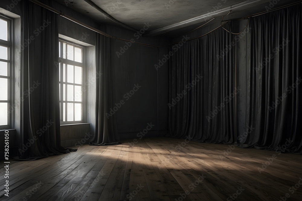 Old dark empty room with an empty wall mock-up and twisted curtains design. Old dark empty room with an empty wall mock-up and twisted curtains design.