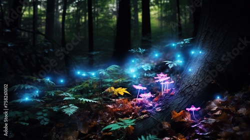 Fantastic fairy tale forest scene with glowing plants at night