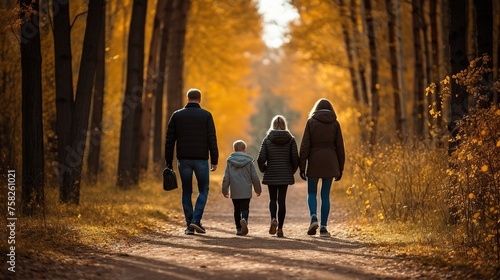 Rear view of a happy family taking a walk through the forest in autumn with bright sunlight