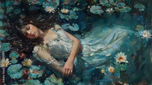 A dreamlike depiction of a woman floating gracefully amongst water lilies, evoking a sense of calm and introspection in a painterly style