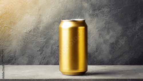 Golden aluminum can with condensation drops. Beer or soda drink package. Refreshing beverage.