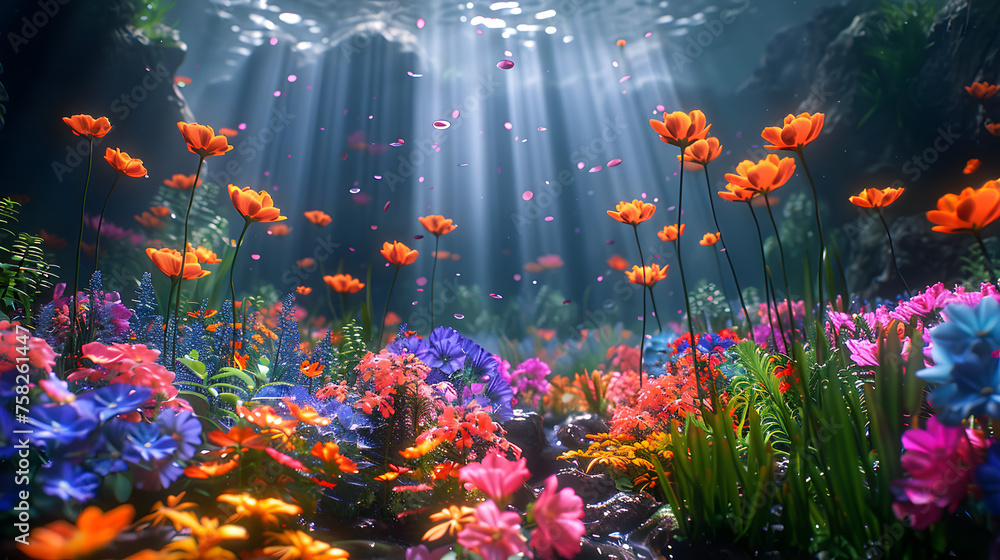 Vivid orange flowers bloom underwater, rays of sunlight enhancing their brilliance in this surreal aquatic garden - obrazy, fototapety, plakaty 
