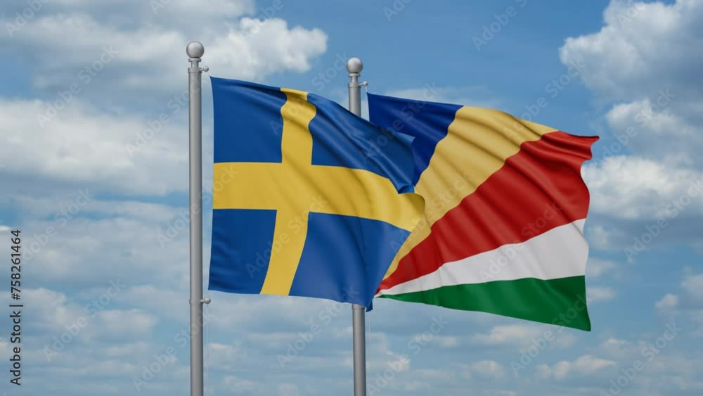 Seychelles and Sweden two flags waving together, looped video, two country cooperation concept Seychelles and Sweden two flags waving together, looped video, two country cooperation concept