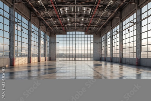 3d rendering of an empty warehouse with a lot of windows. 3d rendering of large hangar building and concrete floor and open shutter door in perspective view for background © Azar