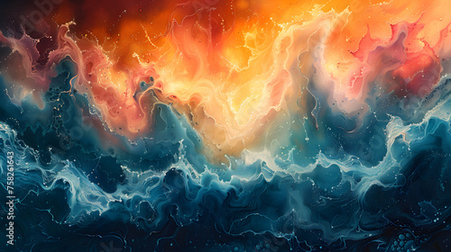 Intense warm and cool hues clash in a dynamic abstract representation of waves and fire photo