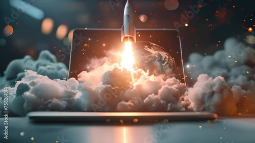 Rocket coming out of laptop screen, innovation and creativity concept, generative ai