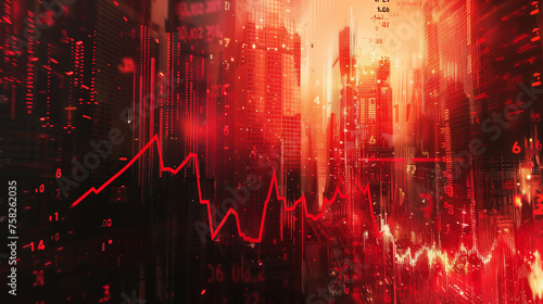 A red background with a graph of numbers and a city skyline