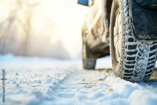 Closeup of car tires in winter on the road covered with snow © Anna