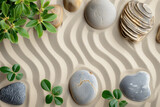 Smooth pebbles and sprigs of greenery arranged artistically on raked sand, creating a tranquil Zen garden