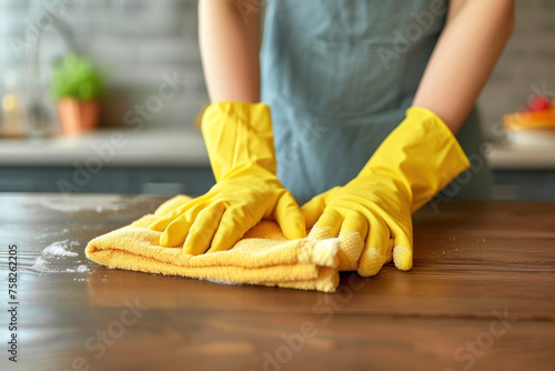 Woman hands in rubber gloves and a washcloth dusting wooden table, kitchen room interior. Cleaning home concept