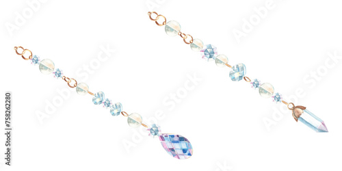 Set of jewelry threads or strings with crystals and glass beads isolated on white background. Hand drawn watercolor illustration. Design element for decoration, dream catchers, cards and prints.