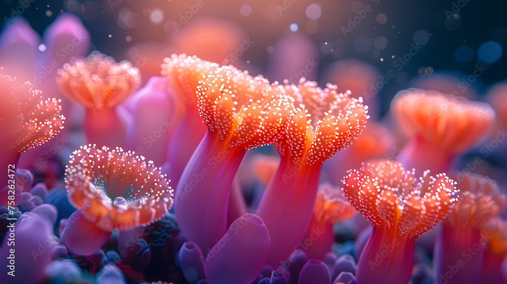 This image showcases a dreamlike seascape with glowing, vibrant corals resembling an underwater forest This image showcases a dreamlike seascape with glowing, vibrant corals resembling an underwater forest