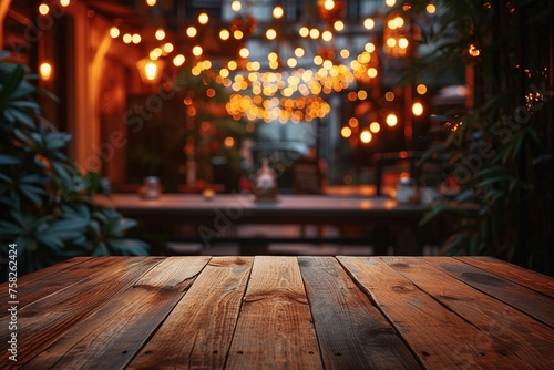 Image of wooden table in front of abstract blurred restaurant lights background.