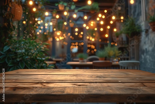 Image of wooden table in front of abstract blurred restaurant lights background. © Azar