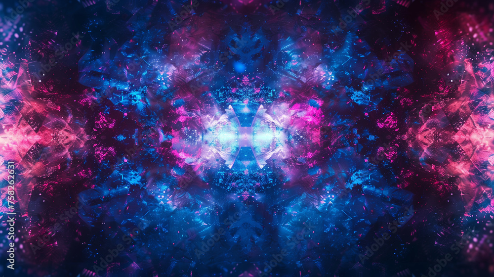 A colorful, abstract space scene with a blue and pink background