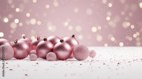 Christmas balls on pink background. New Year wallpaper with Christmas baubles, gifts decoration concept © elena_garder