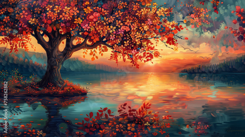 A painting of a tree with leaves and a body of water