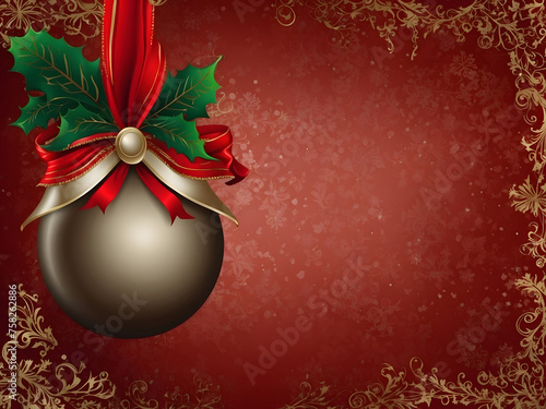 Red Christmas background with a large jingle bell and copy space, photo