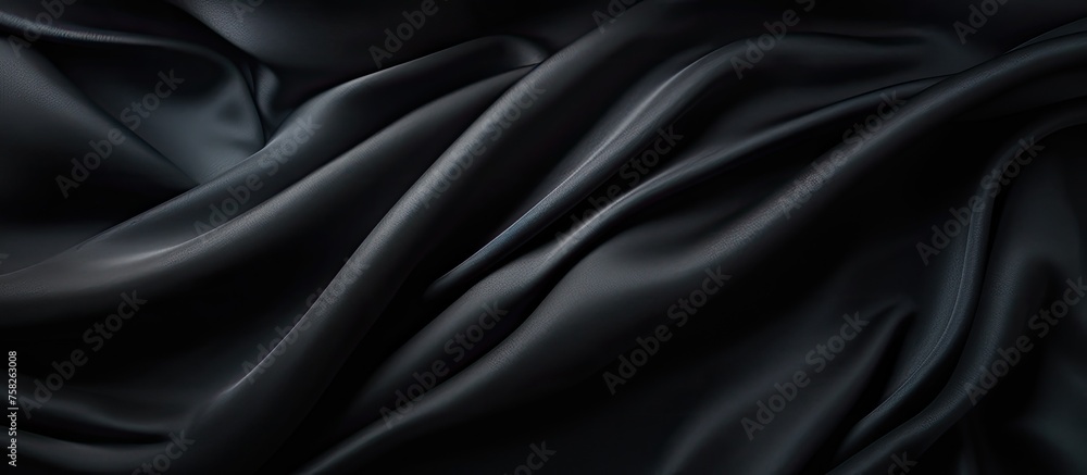 Fototapeta premium A closeup shot captures the liquidlike waves of a black satin fabric, resembling electric blue petals. The pattern creates tints and shades with a hint of silk, perfect for flash photography
