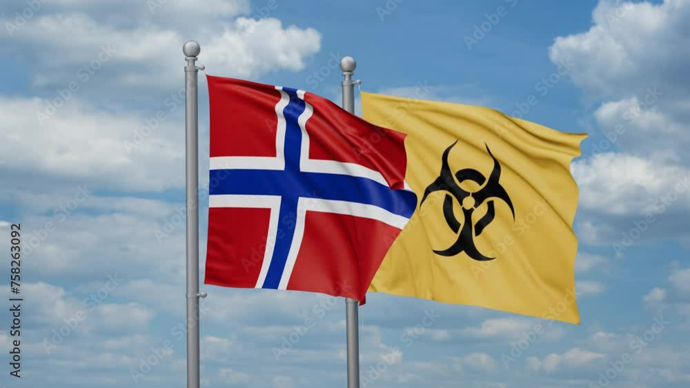 Norway and Biological hazard flags waving together on looped video, toxic hazard and pollution warning concept Norway and Biological hazard flags waving together on looped video, toxic hazard and pollution warning concept