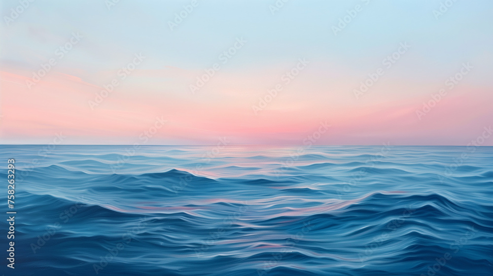 A painting of the ocean with a pink and blue sky in the background