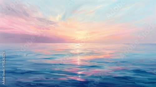 A painting of a sunset over the ocean with a pink and blue sky