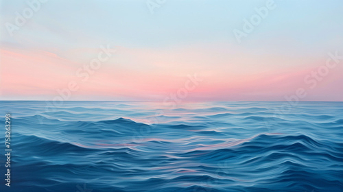 A painting of the ocean with a pink and blue sky in the background
