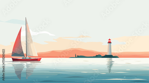 A sailboat cruising on a calm sea with a lighthouse photo