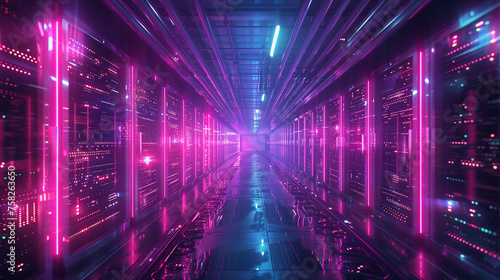 A long hallway with many computer monitors with a neon pink glow