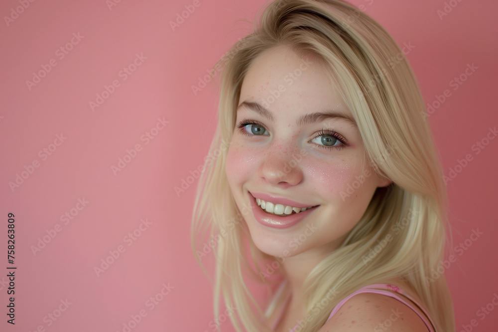 Fototapeta premium Beauty portrait of young woman with nice makeup on pink background