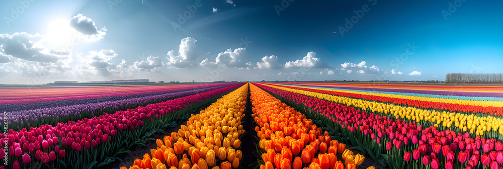  Panoramic 360 degrees aerial view of a colorful,
Tulip flower field on beautiful sunset landscape - obrazy, fototapety, plakaty 