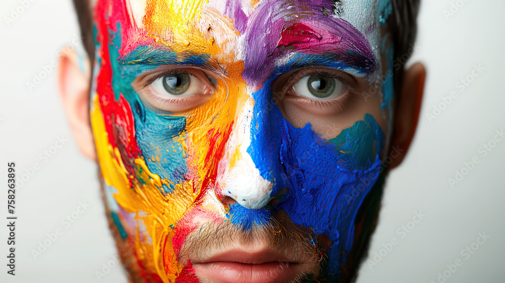 Vibrant Artistry: Man with Multicolored Painted Face Vibrant Artistry: Man with Multicolored Painted Face